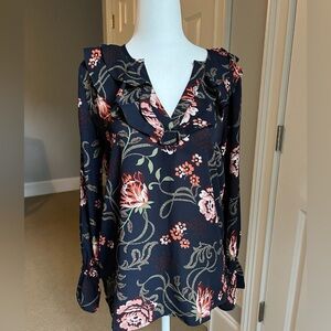 LOFT Floral Long Sleeve Ruffle Blouse Navy V-Neck Women’s Size Medium